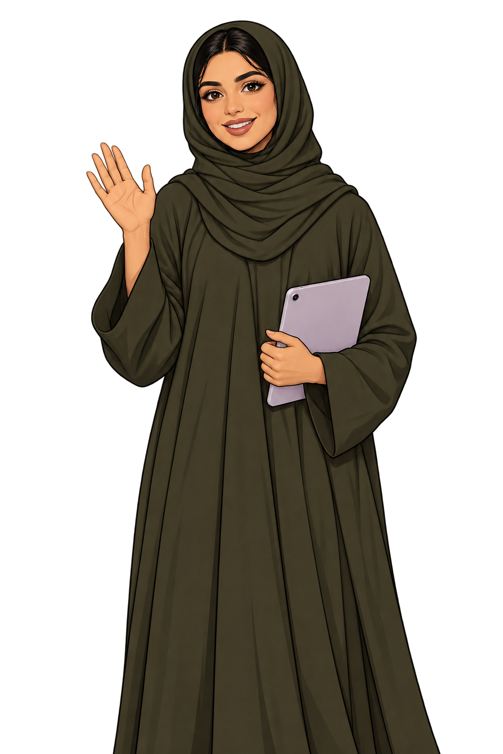 شخصية سالونا تبتسم وترحّب وتحمل جهازًا لوحيًا